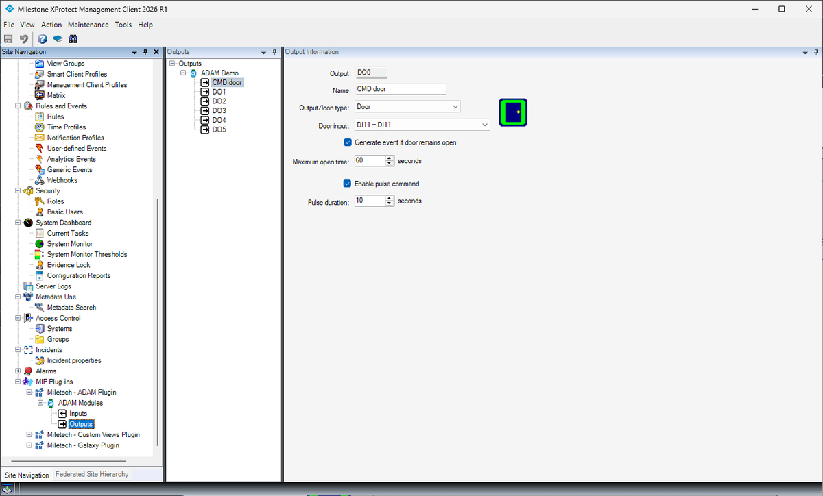 Management Client door output configuration with alarm timeout