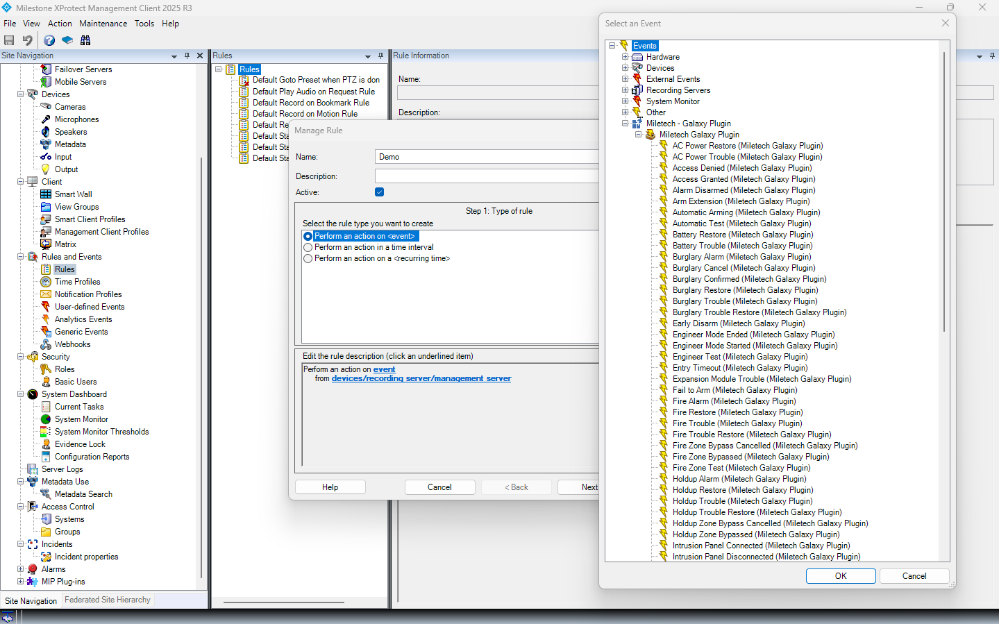 XProtect Rule Engine with Galaxy Dimension events