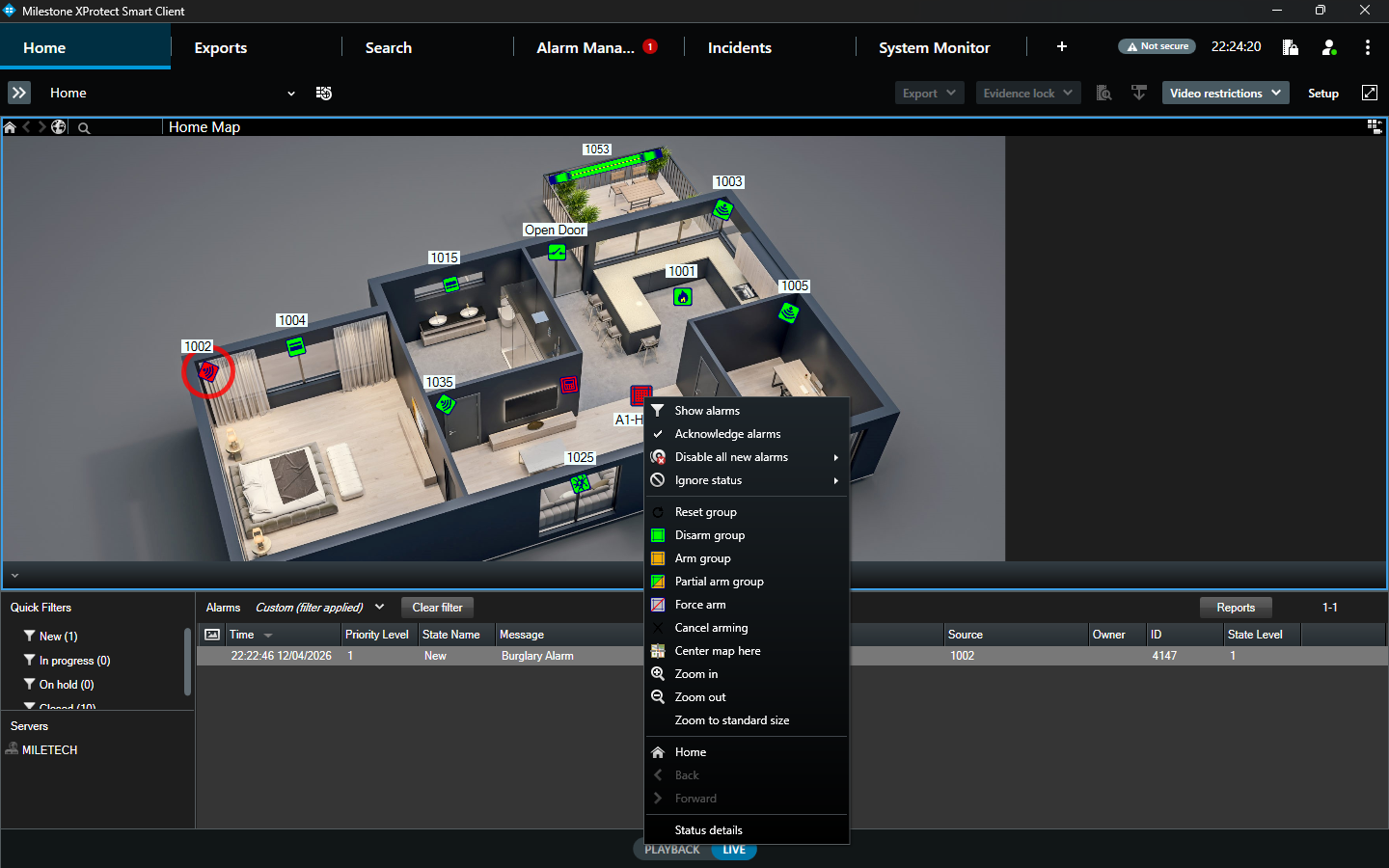 Smart Client map view with zones and alarm controls